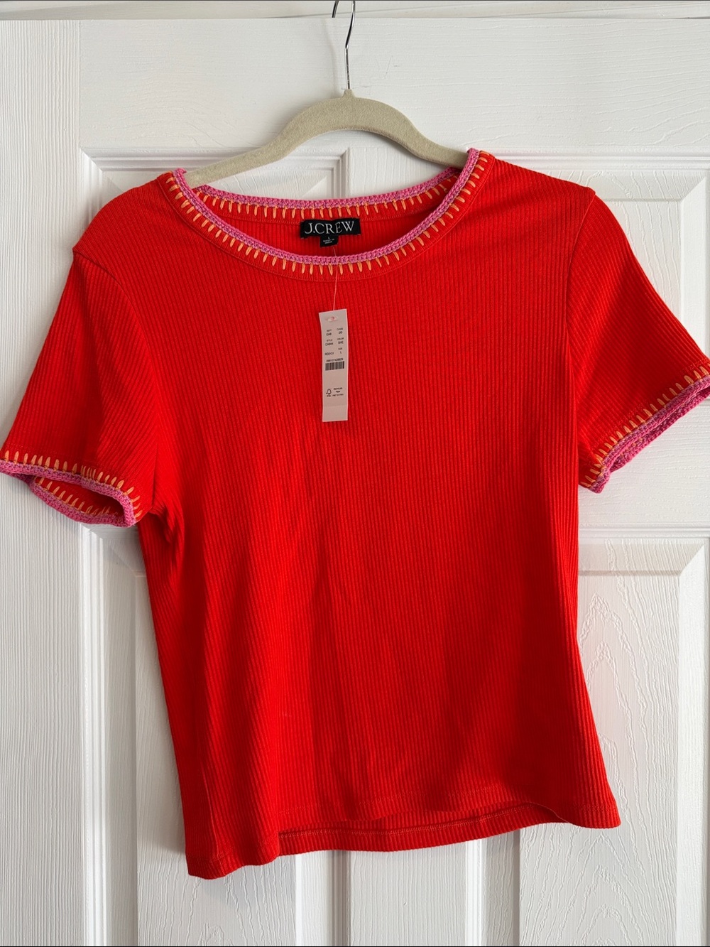 J. Crew Red Ribbed Short Sleeve Tee with Pink Contrast Trim